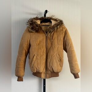 Vintage 90s Y2K Suede Real Fur Puffer Bomber Hood